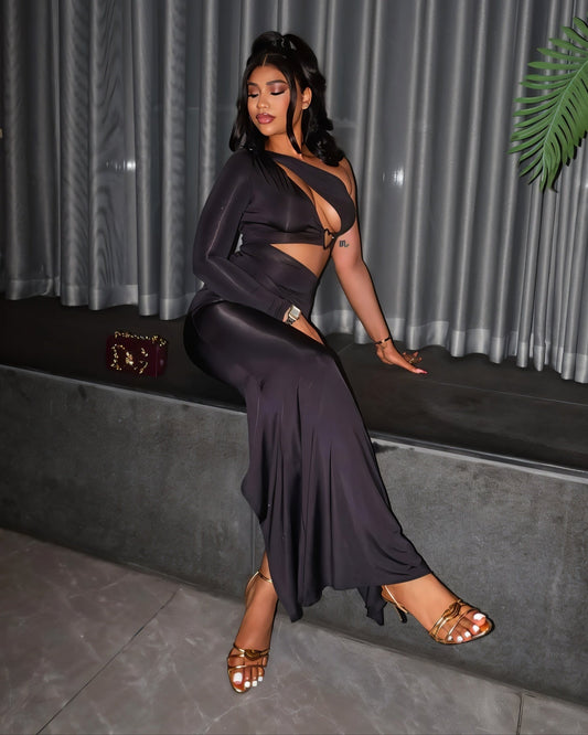 GIANNA Hollow Belly One-shoulder Sleeve Maxi Dress