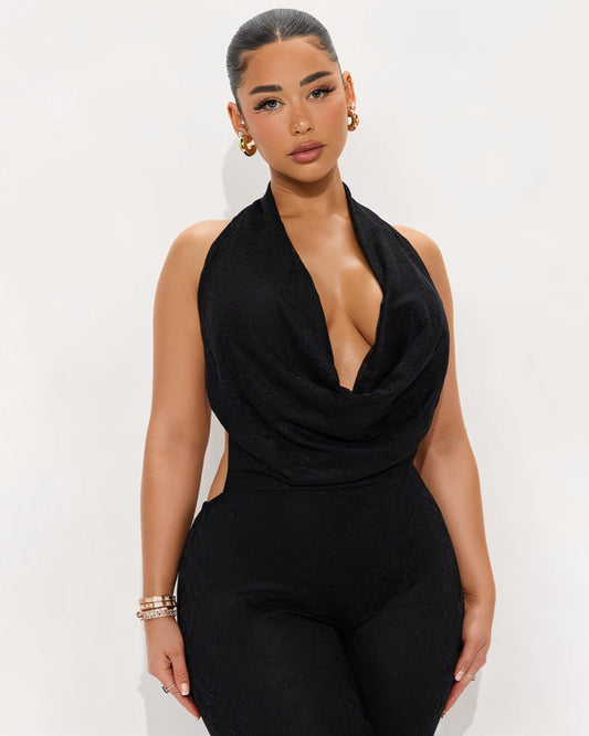 KATRINA Cowl Neck Lace Jumpsuit